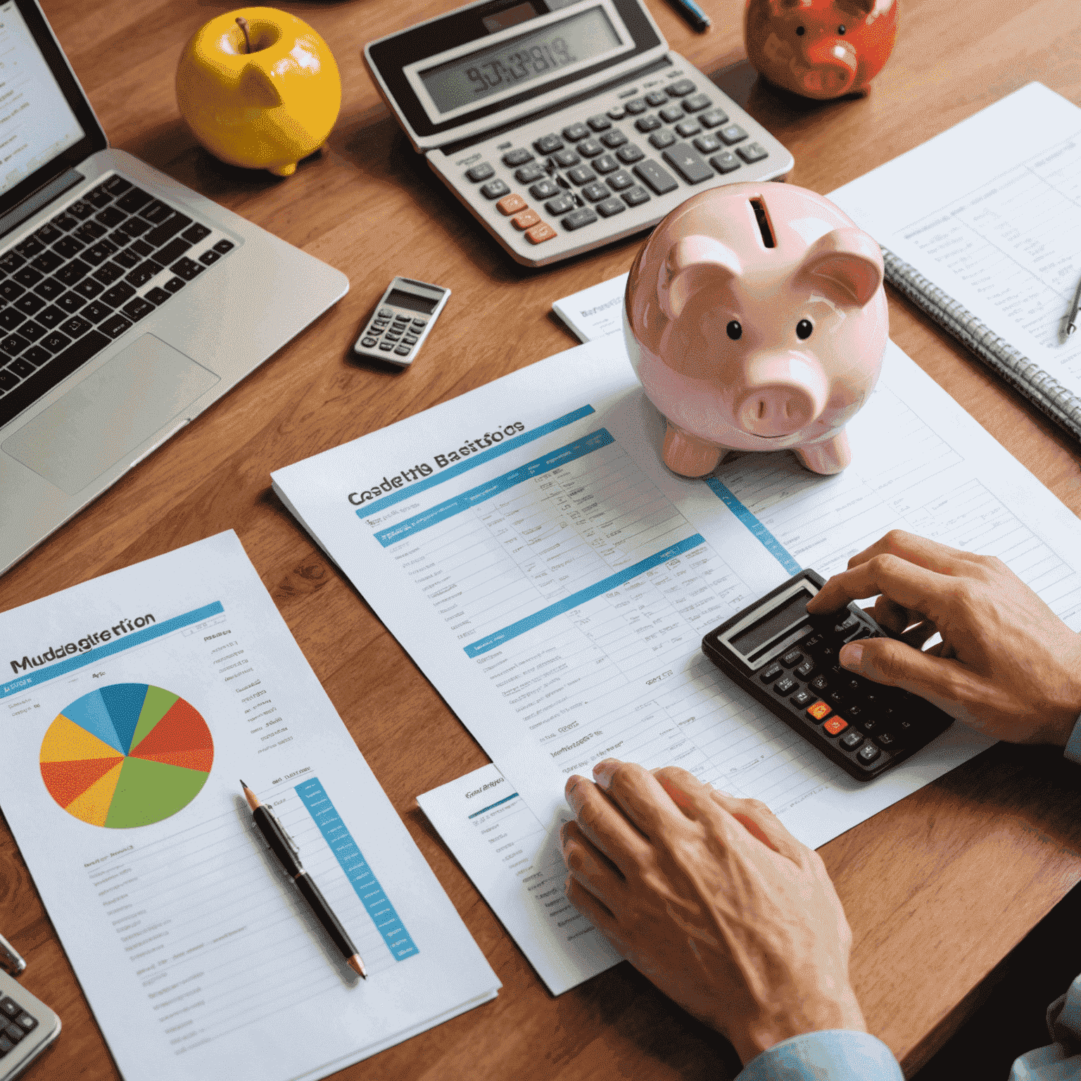 A person working on a budget spreadsheet with a calculator and piggy bank nearby, representing budgeting basics and financial freedom