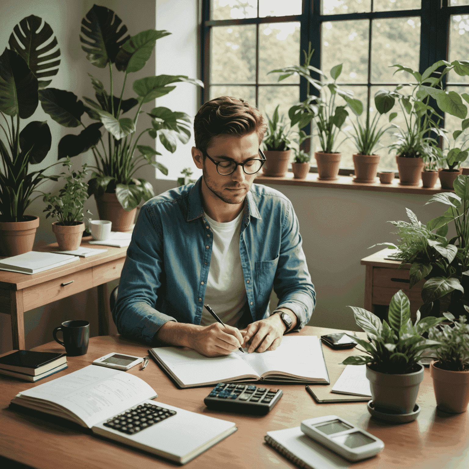 A serene image of a person sitting at a desk with a notebook and calculator, surrounded by plants. The scene suggests financial planning in a calm, eco-friendly environment.