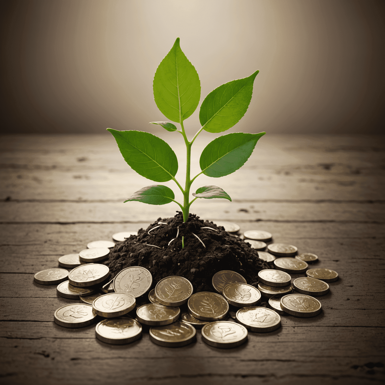 A serene image of a growing plant with coins as leaves, symbolizing financial growth and investment