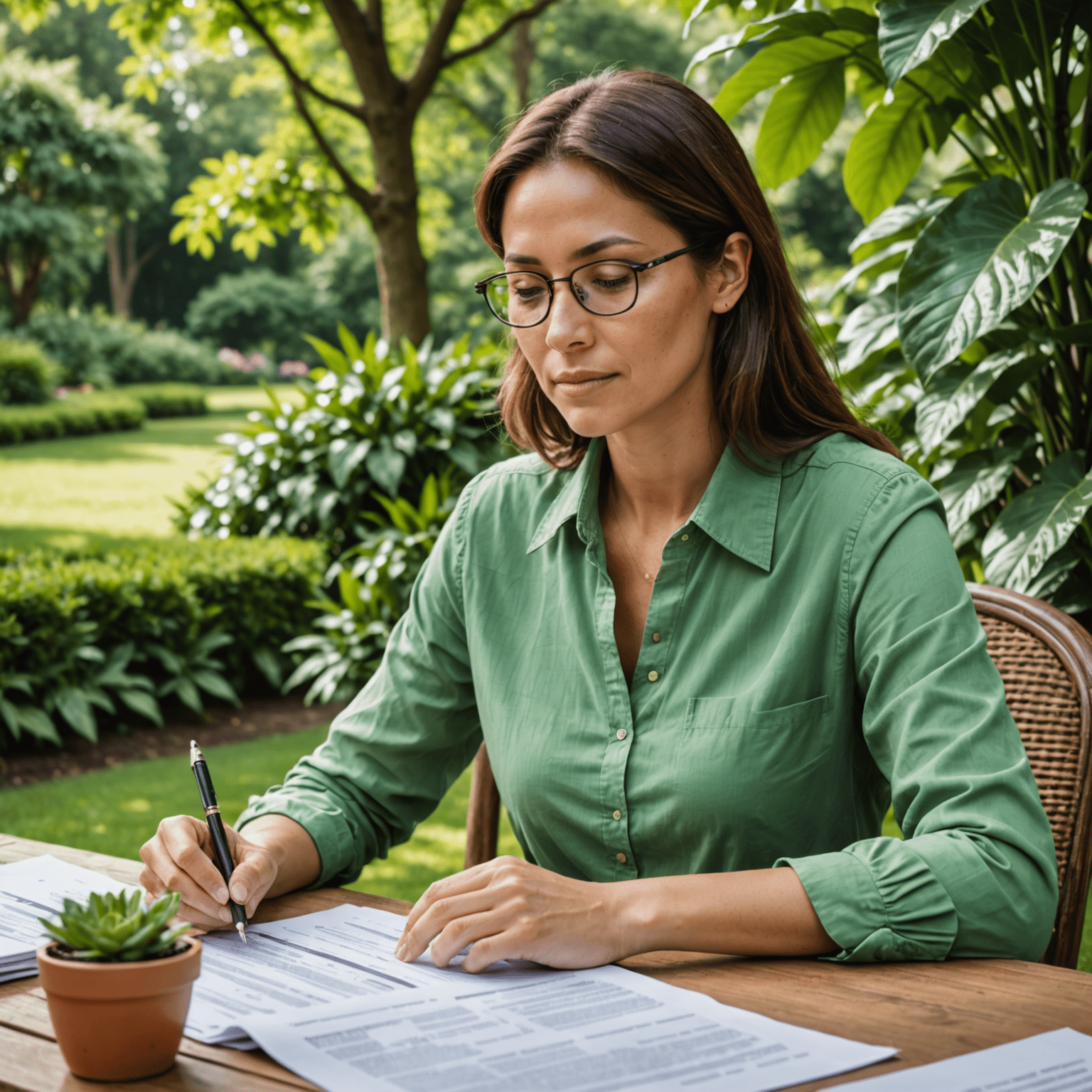 A serene image of a person sitting peacefully, reviewing financial documents with a look of relief and accomplishment. The background shows a lush green garden, symbolizing growth and new beginnings in financial health.