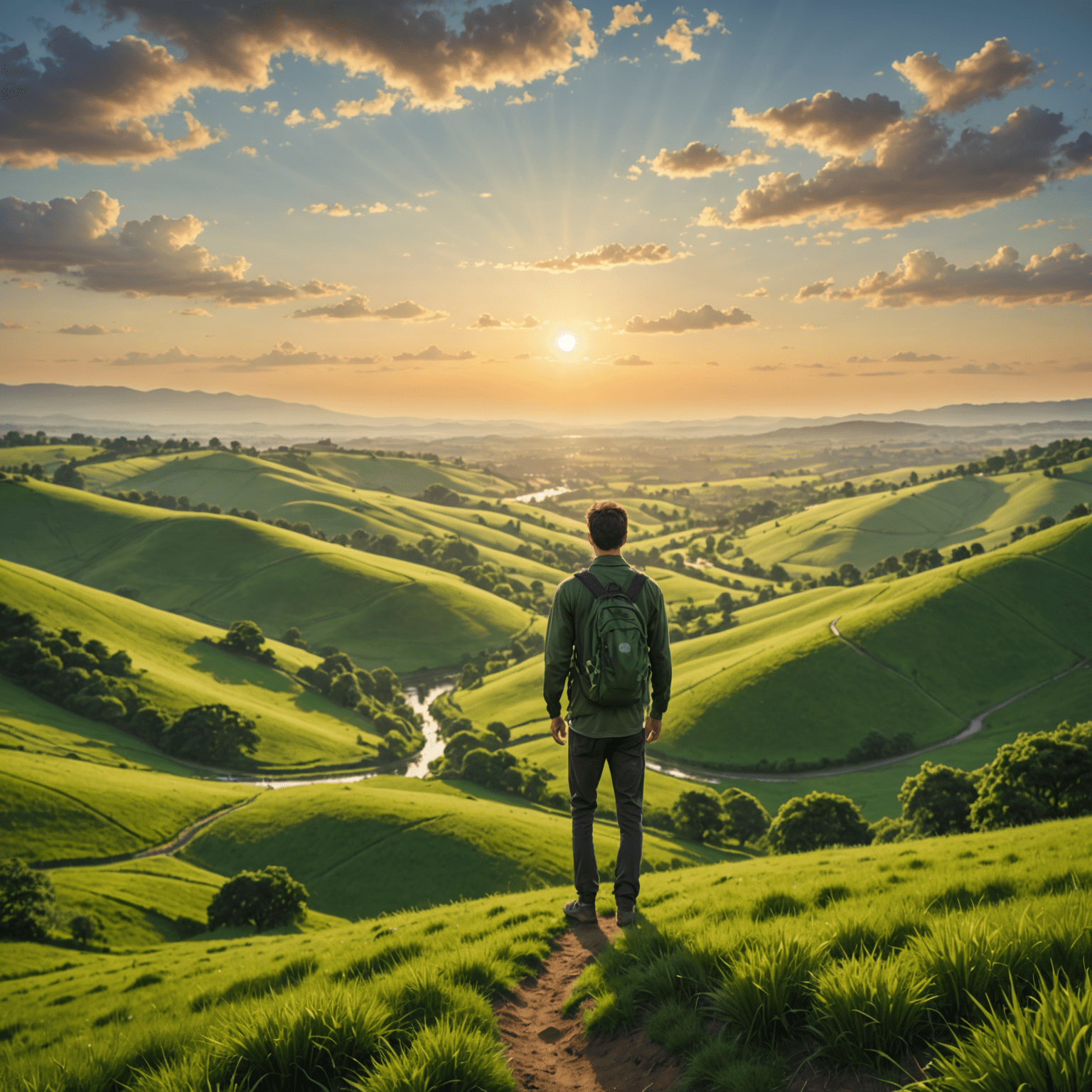 A serene image of a person standing on a hill, overlooking a lush green landscape with a sunrise in the background, symbolizing the journey of life and financial planning