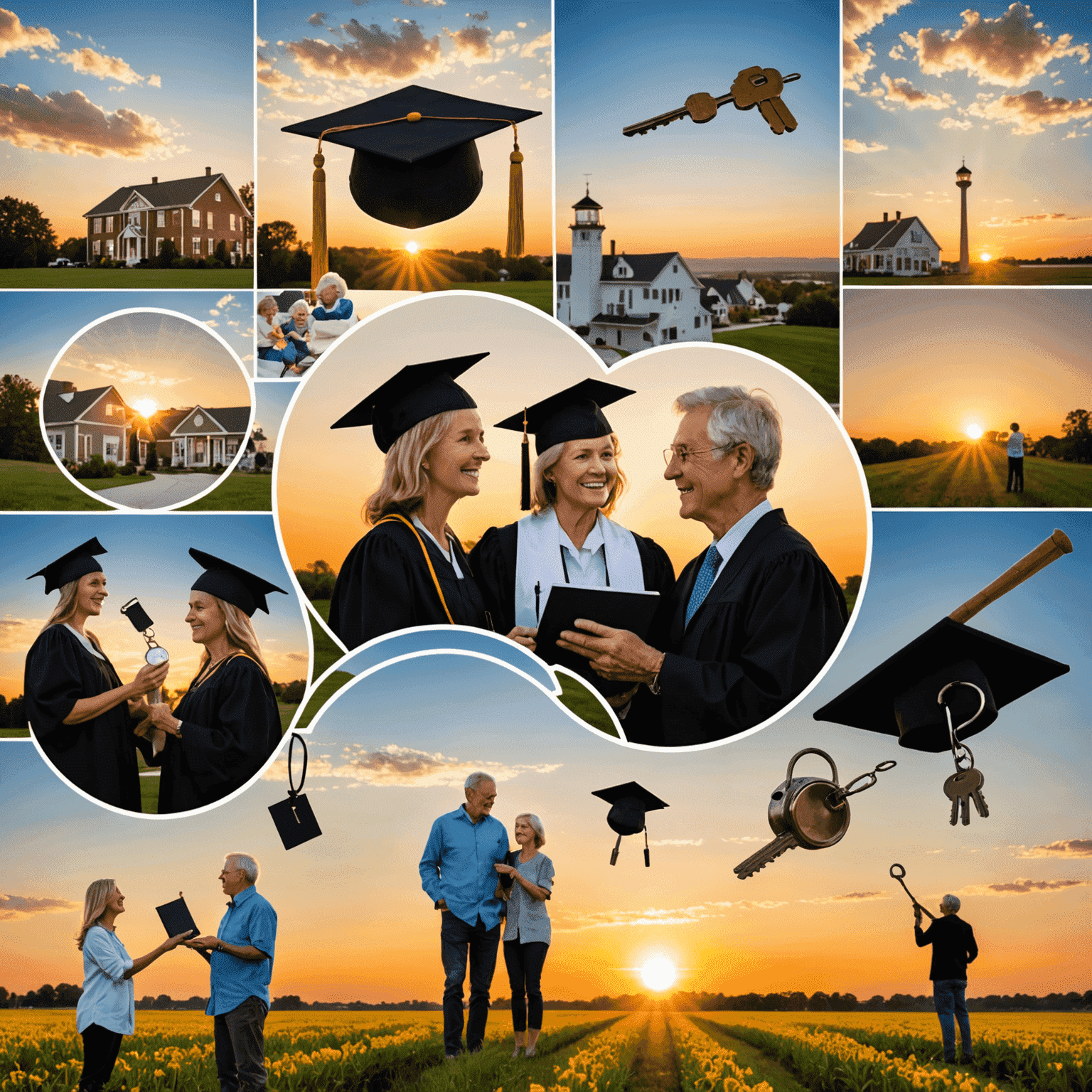 A collage of images representing different life stages - graduation cap, house keys, baby items, and a retired couple enjoying sunset - symbolizing the various major life events discussed in the article