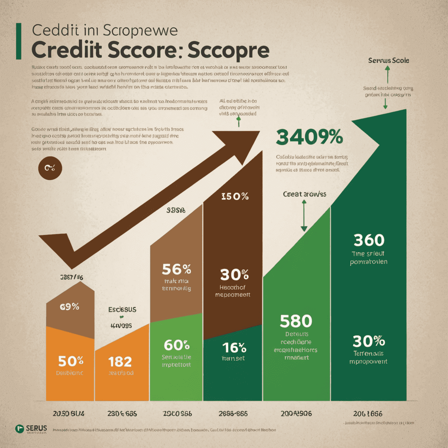 A graph showing an upward trend in credit score improvement over time, with key milestones marked along the way. The image uses Servus's brand colors of green and brown.