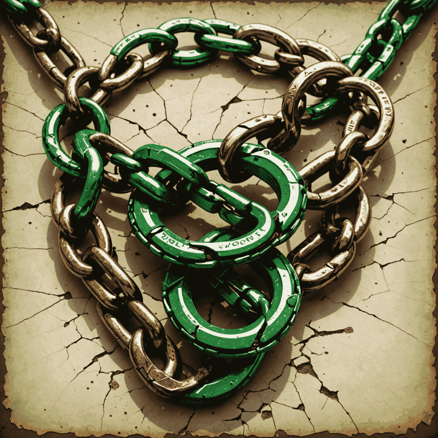A broken chain symbolizing freedom from debt, in green and brown tones