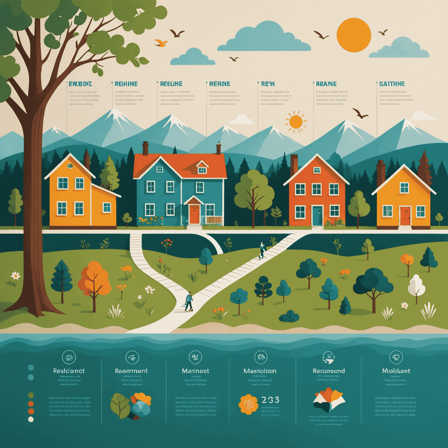 A timeline with icons representing education, marriage, house, and retirement in nature-inspired colors